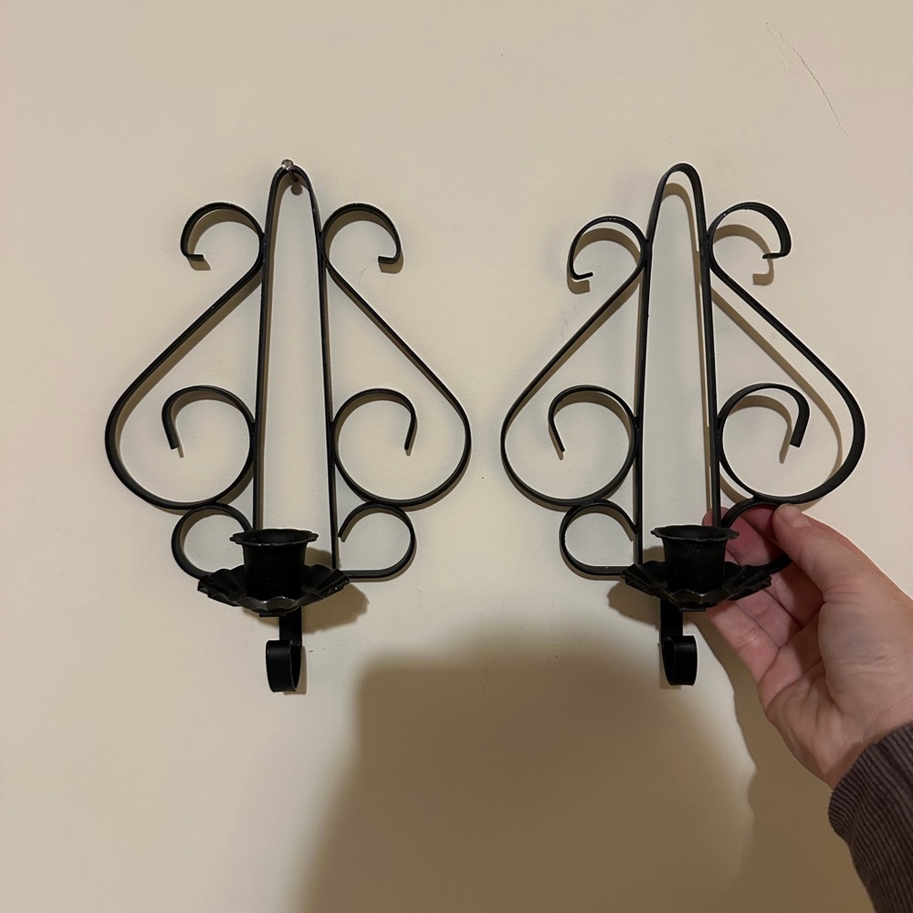 Vintage Black Wrought Iron Wall Sconce Candle Holder Pair